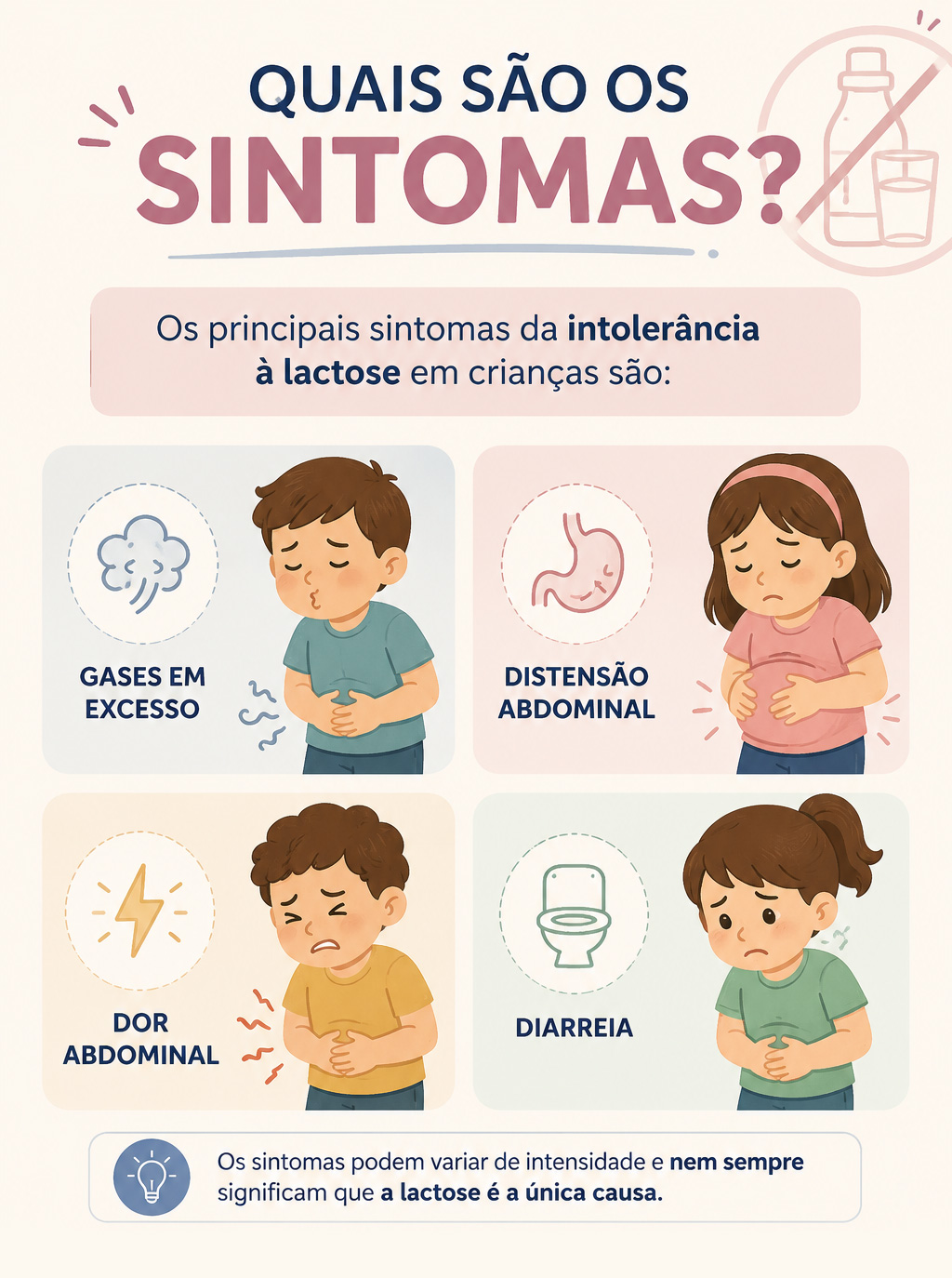 Principais sintomas da intolerância à lactose em crianças.